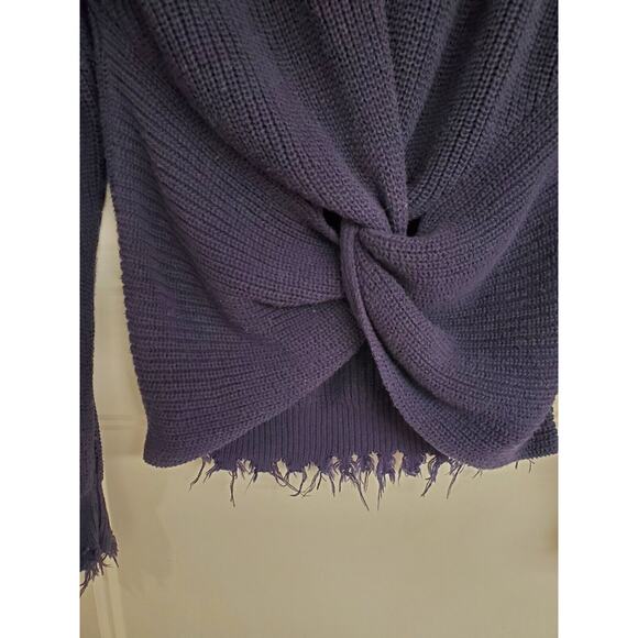 Women's Fate Navy V-Neck Knotted Cotton Sweater w/ Frayed Trim | Size Small - Picture 4 of 7